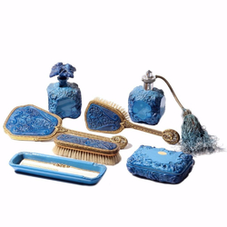 Czech Deco Curt Schlevogt signed blue Lapis glass Ingrid dressing table set