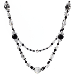 Vintage necklace Czech crystal clear black hematite faceted English cut flower glass wood beads