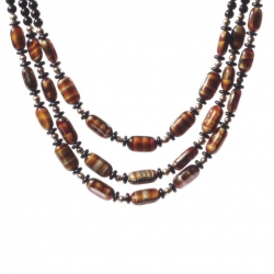 Vintage 3 strand necklace Czech black caramel satin marble rectangle glass beads