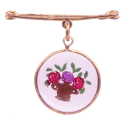 Vintage Czech Art Deco intaglio hand painted flower vase glass pendant brooch