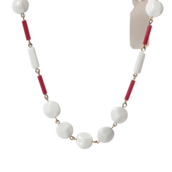 Vintage beaded chain link necklace Czech red white rectangle disc bugle glass beads