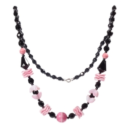 Vintage necklace Czech black faceted pink marble interlocking flower rondelle glass beads