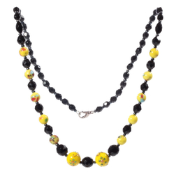 Vintage necklace Czech black faceted, lampwork yellow marble floral overlay wedding cake glass beads