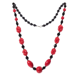 Vintage necklace black red round oval interlocking rondelle flower Czech glass beads