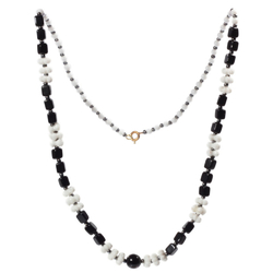 Vintage beaded necklace Czech black cube white flower rondelle glass beads