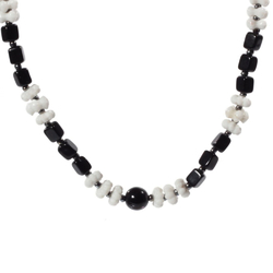 Vintage beaded necklace Czech black cube white flower rondelle glass beads