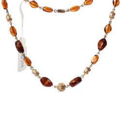 Vintage beaded link necklace Czech pearl topaz brown satin marble glass beads