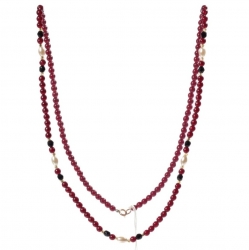 Vintage 30" necklace Czech black faceted ruby red round oval pearl beads