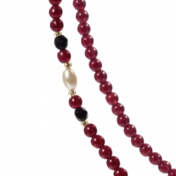 Vintage 30" necklace Czech black faceted ruby red round oval pearl beads