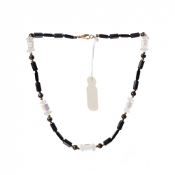 Vintage 16" necklace Czech hematite black AB clear pentagon marble glass beads