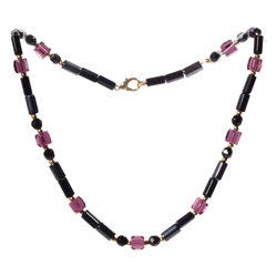 Vintage 16" glass bead necklace Czech black hematite amethyst pentagon beads
