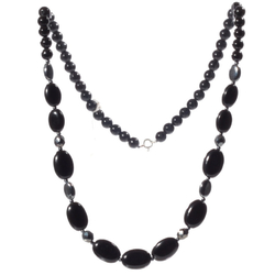 Vintage 22" glass bead necklace Czech black hematite round oval faceted beads