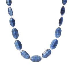 Vintage 26" glass bead necklace Czech blue satin stripe marbled hexagon beads