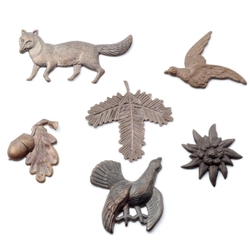 Lot (6) Czech Deco Vintage realistic fox ptarmigan grouse oak metal jewelry elements nature stampings