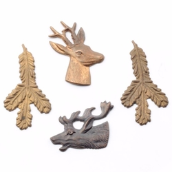Lot (4) Czech Art Deco 1930's stag fir metal jewelry elements nature stampings