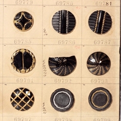 Vintage Czech Art Nouveau black glass button sample card; (56) 1907