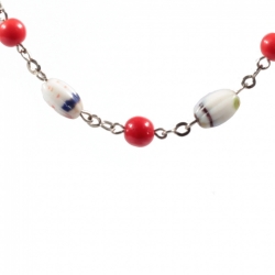 Vintage chain necklace Czech round red spatter oval melon depression glass beads
