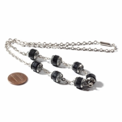 Vintage Art Deco German Bauhaus chrome chain necklace galalith black rondelle faceted beads