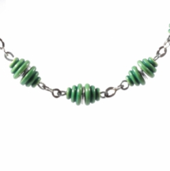 Vintage Art Deco German Bauhaus chrome chain necklace galalith green ribbed cone beads Jakob Bengel