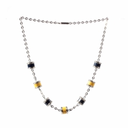 Vintage Art Deco German Bauhaus chrome chain necklace galalith yellow cobalt blue rondelle beads chrome caps Jakob Bengel