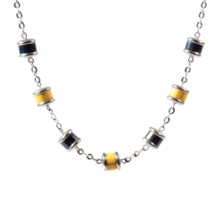 Vintage Art Deco German Bauhaus chrome chain necklace galalith yellow cobalt blue rondelle beads chrome caps Jakob Bengel