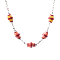 Vintage Art Deco Bauhaus chrome chain necklace coral juice yellow carnelian galalith beads