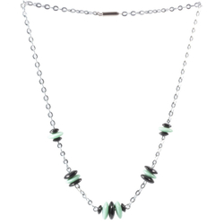 Vintage Art Deco chrome chain necklace Czech menthol green black rondelle glass beads