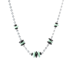 Vintage Art Deco chrome chain necklace Czech menthol green black rondelle glass beads
