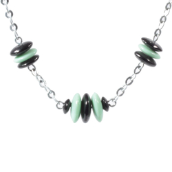 Vintage Art Deco chrome chain necklace Czech menthol green black rondelle glass beads