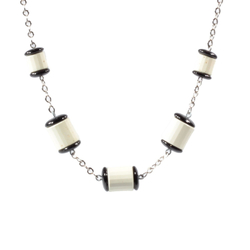 Vintage Art Deco Bauhaus chrome chain necklace cream black galalith beads