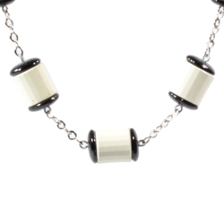 Vintage Art Deco Bauhaus chrome chain necklace cream black galalith beads