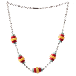 Vintage Art Deco Bauhaus chrome chain necklace red turquoise juice yellow galalith beads