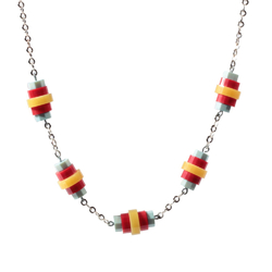 Vintage Art Deco Bauhaus chrome chain necklace red turquoise juice yellow galalith beads