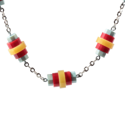 Vintage Art Deco Bauhaus chrome chain necklace red turquoise juice yellow galalith beads