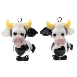 Pair of Czech black and white cow lampwork glass pendant earring beads