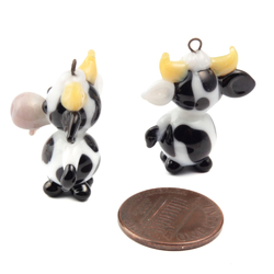 Pair of Czech black and white cow lampwork glass pendant earring beads