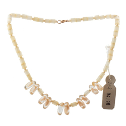 Vintage Czech necklace satin atlas pentagon bugle glass beads beige bicolor drops