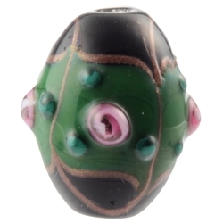 Lampwork glass bead 21mm Czech pink satin overlay aventurine gold black and green bicolor