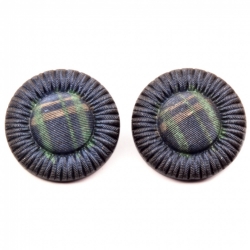 Lot (2) 23mm antique Victorian Czech iridescent metallic faux fabric black glass buttons