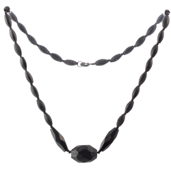 Antique Victorian mourning necklace Czech matte black oval faceted glass beads