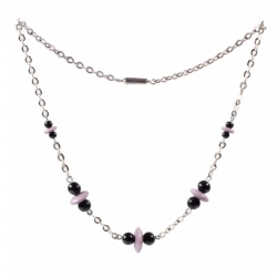 Vintage Art Deco chrome chain necklace Czech lilac rondelle black round glass beads