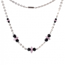Vintage Art Deco chrome chain necklace Czech lilac rondelle black round glass beads