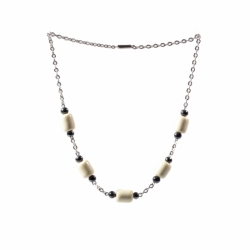 Vintage Art Deco German Bauhaus chrome chain necklace galalith cream cylinder hematite beads Jakob Bengel