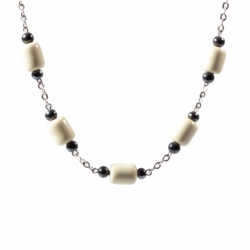 Vintage Art Deco German Bauhaus chrome chain necklace galalith cream cylinder hematite beads Jakob Bengel