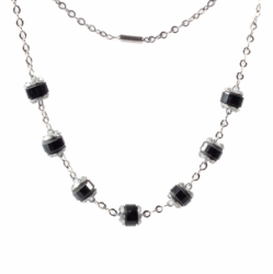Vintage Art Deco German Bauhaus chrome chain necklace galalith black rondelle faceted beads
