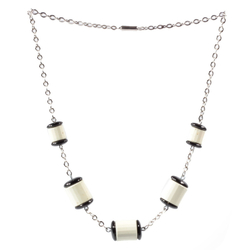 Vintage Art Deco Bauhaus chrome chain necklace cream black galalith beads