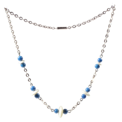 Vintage Art Deco chrome chain necklace Czech Uranium rondelle blue round glass beads