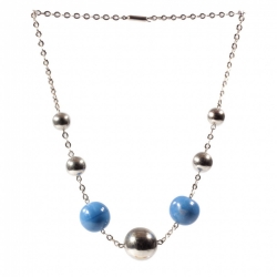 Vintage Bauhaus Art Deco chain necklace chrome ball beads blue marble hand molded glass beads