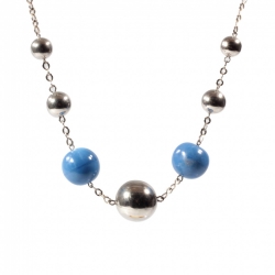 Vintage Bauhaus Art Deco chain necklace chrome ball beads blue marble hand molded glass beads