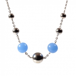 Vintage Bauhaus Art Deco chain necklace chrome ball beads chalcedony blue opaline glass beads